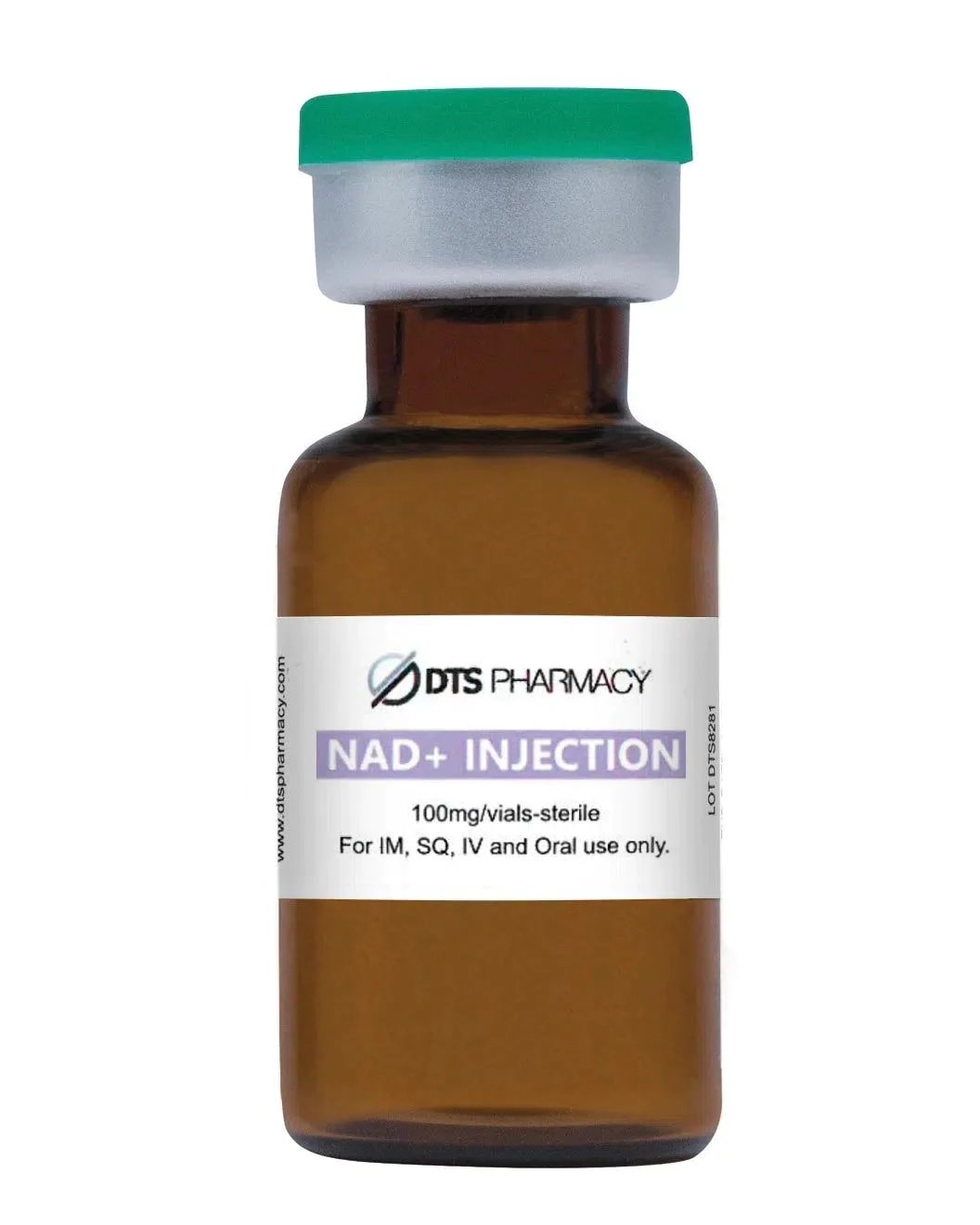 A brown vial labeled "NAD+ Injection, 100mg/vial-sterile" by DTS Pharmacy, with a green cap, designed for IM, SQ, IV, and oral use