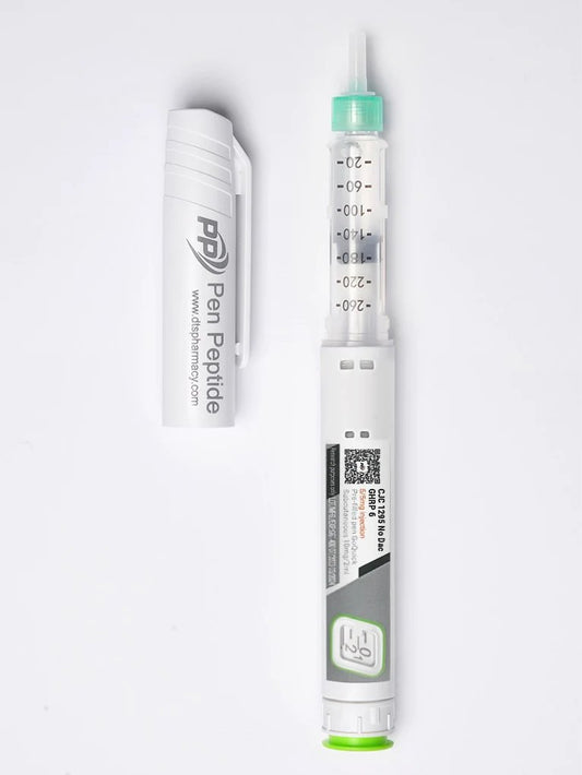 A pen injector labeled "CJC1295 No DAC GHRP 6," featuring a transparent syringe with dosage markings, a green safety cap, and a detachable white protective cap with "Pen Peptide" branding.