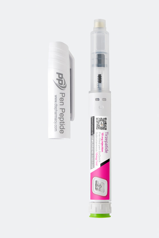 A pen peptide injector labeled "Tirzepatide 10mg" featuring a clear syringe with dosage markings, a green safety cap, and a detachable white protective cap branded "Pen Peptide.

